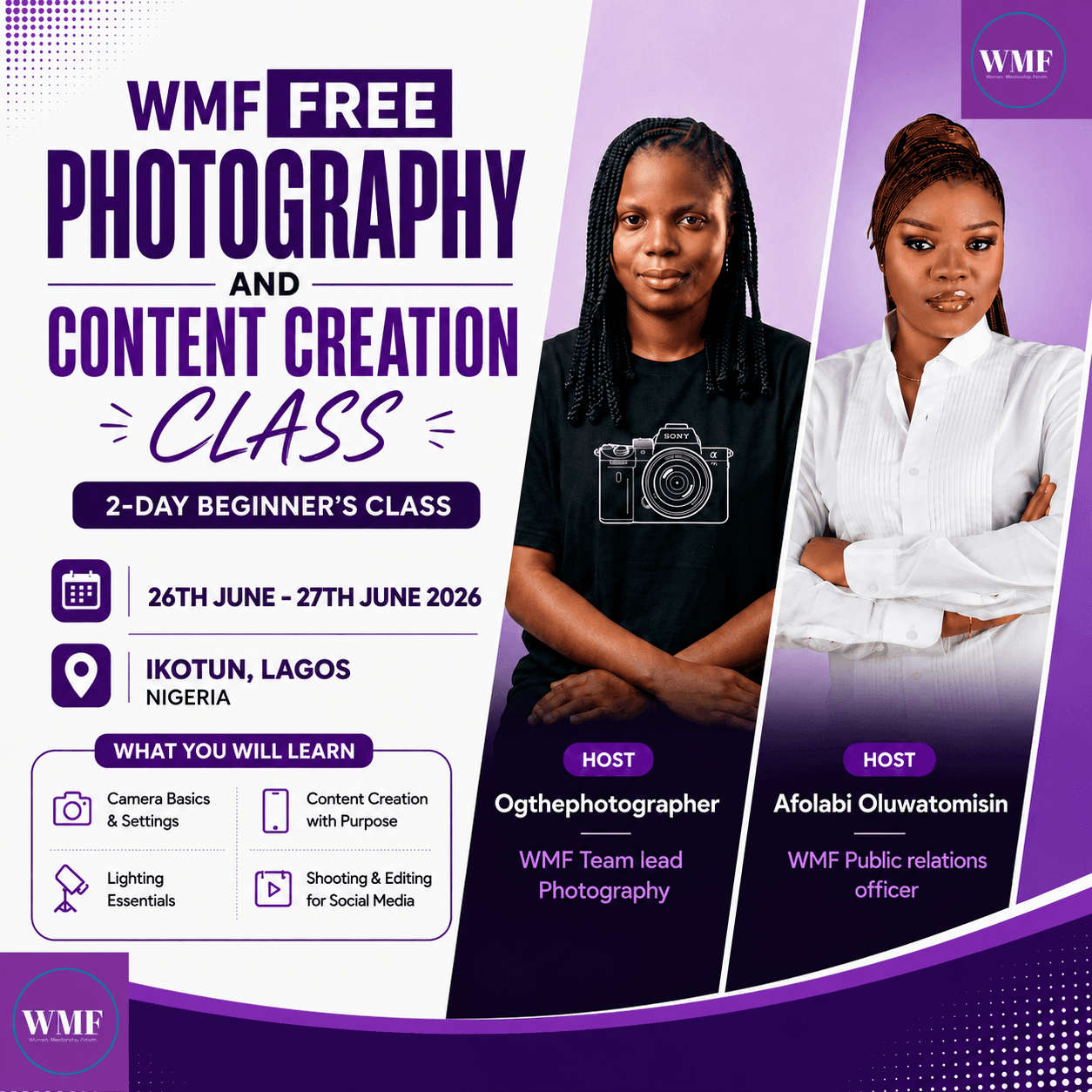 WMF FREE PHOTOGRAPHY AND CONTENT CREATION CLASS